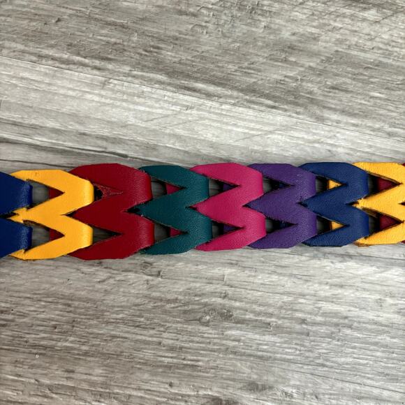 Vintage Rainbow Leather Belt 34" Multicolor Retro Woven 1980s 1990s Unisex M - Picture 7 of 8